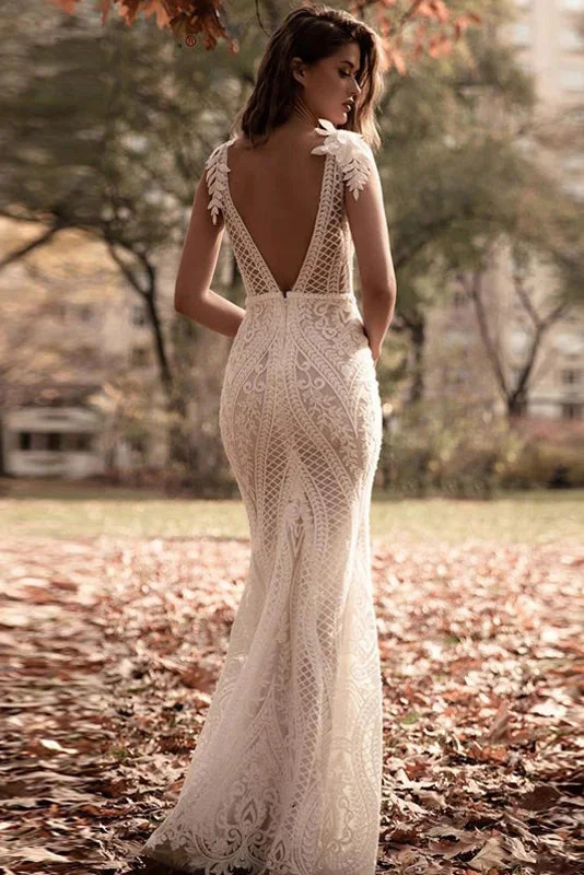 Simple Lace Wedding Dresses for Timeless Style -Chic Mermaid Lace Deep V Neck Wedding Dresses Sexy Bridal Gown V Back OKV54