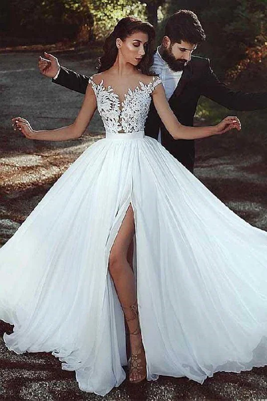 Silk Wedding Dresses with Draping for Elegant Effect -Chiffon A-line V-neck Lace Appliques Wedding Dress With Slit, Bridal Gown OK1806 Silk Wedding Dresses with Draping for Elegant Effect -Chiffon A-line V-neck Lace Appliques Wedding Dress With Slit, Bridal Gown OK1806