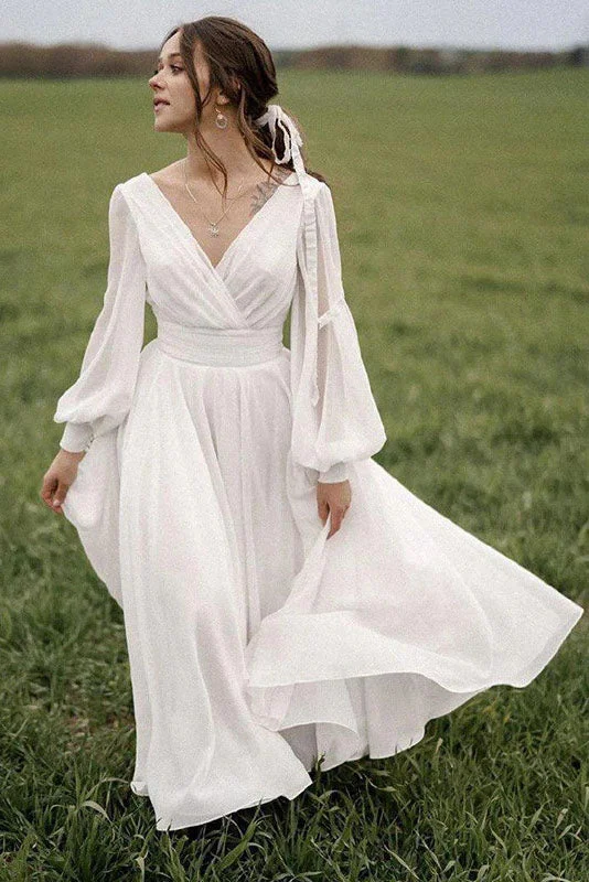 A-Line Wedding Dresses with Lace for Timeless Charm -Chiffon Beach Wedding Dress Puff Sleeve Vintage Bride Dress V Neck Boho Wedding Gowns OKW14