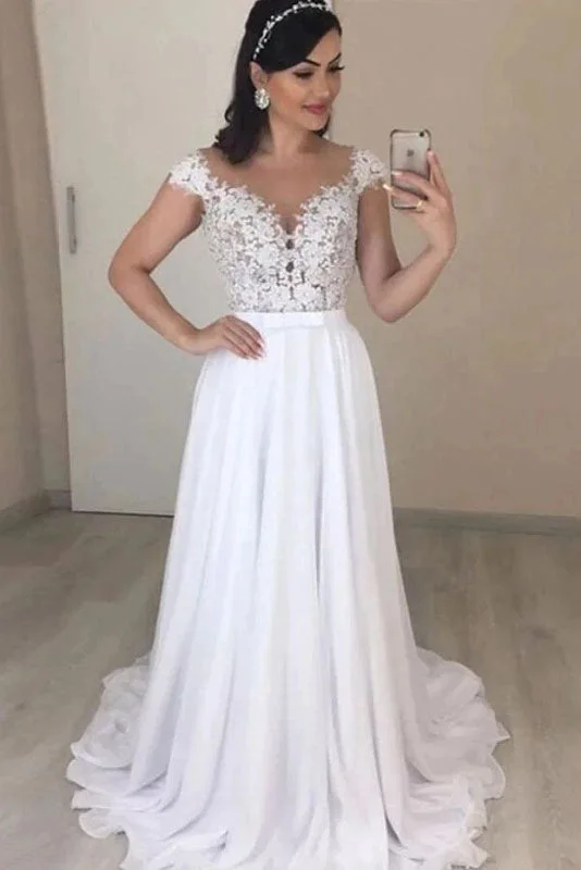 Wedding Dresses with Satin Belt for Elegant Finish -Chiffon Long Cap Sleeves Wedding Dress Plus Size Lace Applique A-line Bridal Dress OKW21