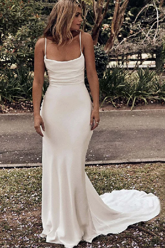 A-Line Lace Wedding Dresses for Timeless Romance -Classic Soft Satin Mermaid Wedding Dress Spaghetti Straps Criss Cross Back Trumpet Bride Dress OKV64