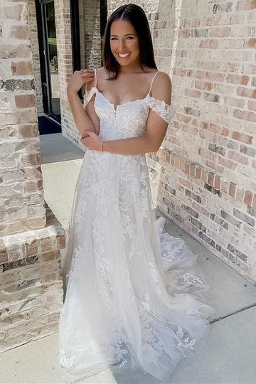 Wedding Dresses with Lace Cap Sleeves for Modest Elegance -Cold-Shoulder A Line Off White Lace Appliques Long Wedding Dress OK1905 Wedding Dresses with Lace Cap Sleeves for Modest Elegance -Cold-Shoulder A Line Off White Lace Appliques Long Wedding Dress OK1905