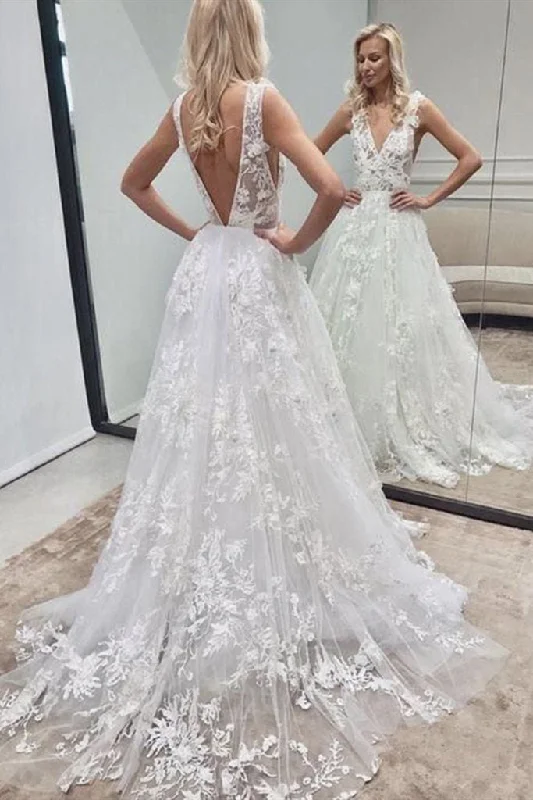 Crystal-Embellished Bridal Dresses for Sparkling Effect -A-line V Neck Backless Off White Lace Appliques Wedding Dress With V Back OKX53