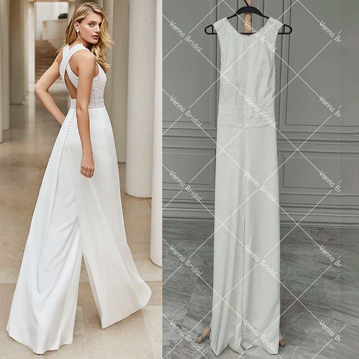Bridal Dresses with Empire Waist for Flattering Fit -Wedding Jumpsuit Wide Legs Round Neck Sleeveless Plus Size Modern