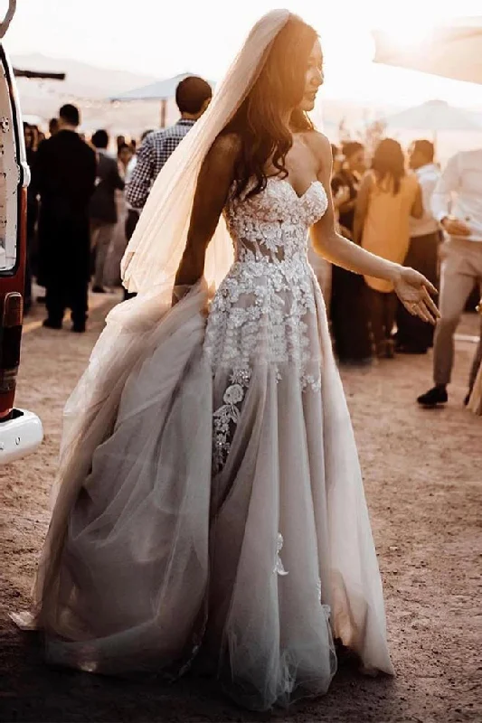 Short Sleeve Wedding Dresses for Romantic Touch -Crystal Sweetheart 3D Floral Appliques Wedding Dress Formal A-line Beach Wedding Gown OKV9