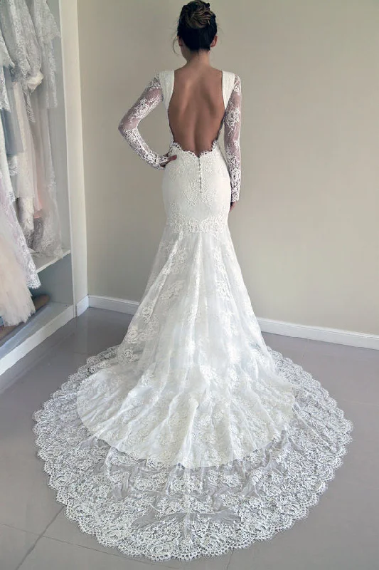 Tulle and Lace Wedding Dresses for Romantic Look -Custom Made Trumpet Mermaid Backless Long Sleeves Lace Wedding Dresses OK197 Tulle and Lace Wedding Dresses for Romantic Look -Custom Made Trumpet Mermaid Backless Long Sleeves Lace Wedding Dresses OK197