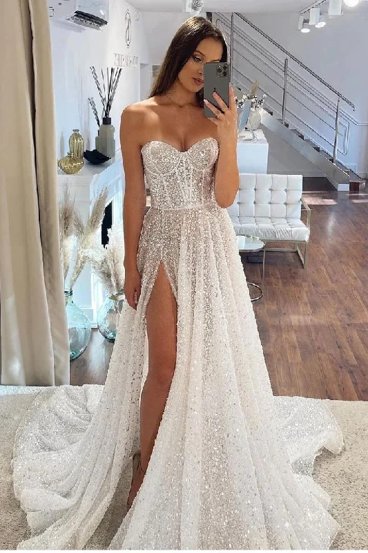 Wedding Dresses with Bow Detail for Playful Touch -Dazzling Sequins Bridal Dresses with Strapless Neck A Line Wdding Dresses OK1706 Wedding Dresses with Bow Detail for Playful Touch -Dazzling Sequins Bridal Dresses with Strapless Neck A Line Wdding Dresses OK1706