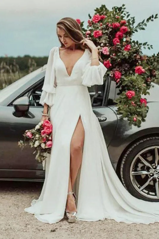 Lace A-Line Wedding Dresses for Timeless Beauty -Deep V Neck A-line Long Sleeves Wedding Dress With Slit V Back Long Bridal Gowns OKX86