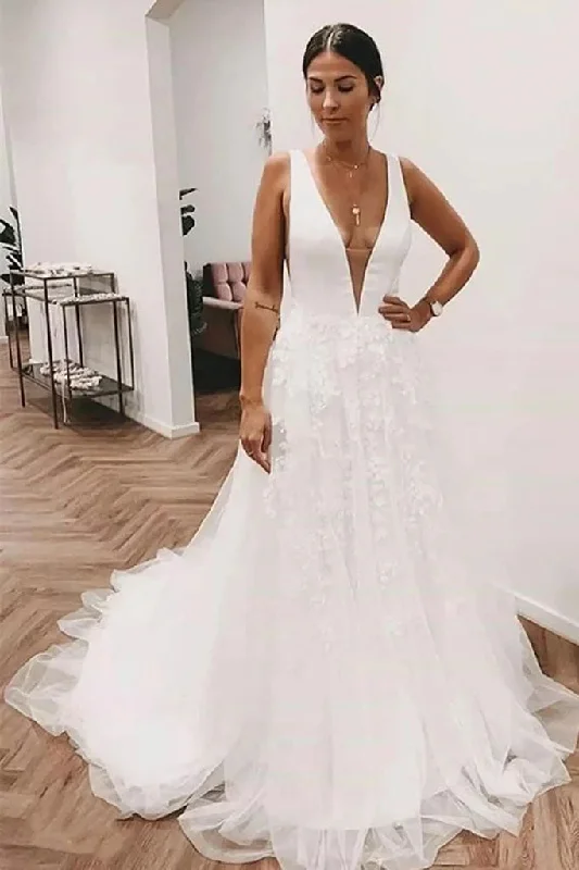 Luxe Lace Wedding Dresses for Sophisticated Brides -Deep V Neck and V Back White Lace Long Prom Wedding Dresses with Train OK1732 Luxe Lace Wedding Dresses for Sophisticated Brides -Deep V Neck and V Back White Lace Long Prom Wedding Dresses with Train OK1732