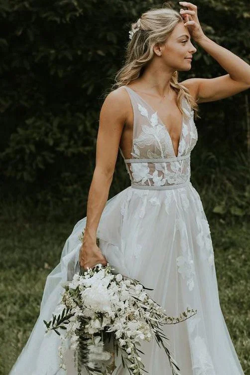Satin A-Line Wedding Dresses for Clean, Elegant Look -Deep V Neck Flower Applique Wedding Dress Ivory A Line Wedding Gowns OKP87 Satin A-Line Wedding Dresses for Clean, Elegant Look -Deep V Neck Flower Applique Wedding Dress Ivory A Line Wedding Gowns OKP87