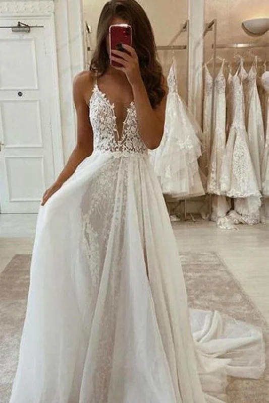 Wedding Dresses with Side Slit for Bold Look -Deep V Neck Ivory Lace Appliques Long Wedding Dress With High Split OKX26 Wedding Dresses with Side Slit for Bold Look -Deep V Neck Ivory Lace Appliques Long Wedding Dress With High Split OKX26