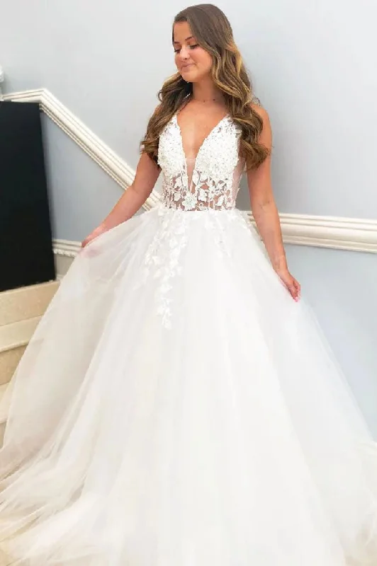 Wedding Dresses with Ribbons for Feminine Touch -Deep V Neck Off White Lace Floral Tulle Bridal Dresses, White Lace Wedding Dresses OK1760 Wedding Dresses with Ribbons for Feminine Touch -Deep V Neck Off White Lace Floral Tulle Bridal Dresses, White Lace Wedding Dresses OK1760