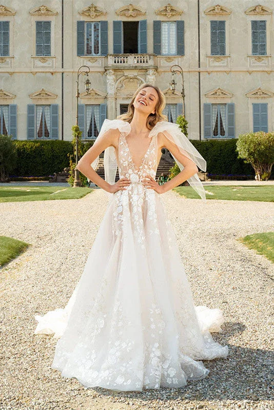 A-Line Bridal Gowns for Flattering Fit -Deep V-neck Popular Bridal Gowns, Lace Elegant Beach Wedding Dresses OK1983