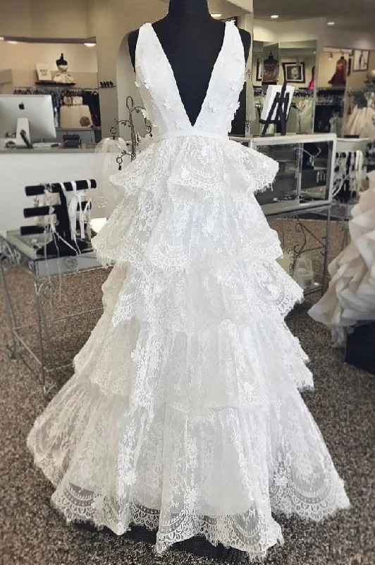 Wedding Dresses with Scalloped Lace for Vintage Charm -Deep V Neck A-line Lace Wedding Dress Layered Long Bridal Gowns OKX73
