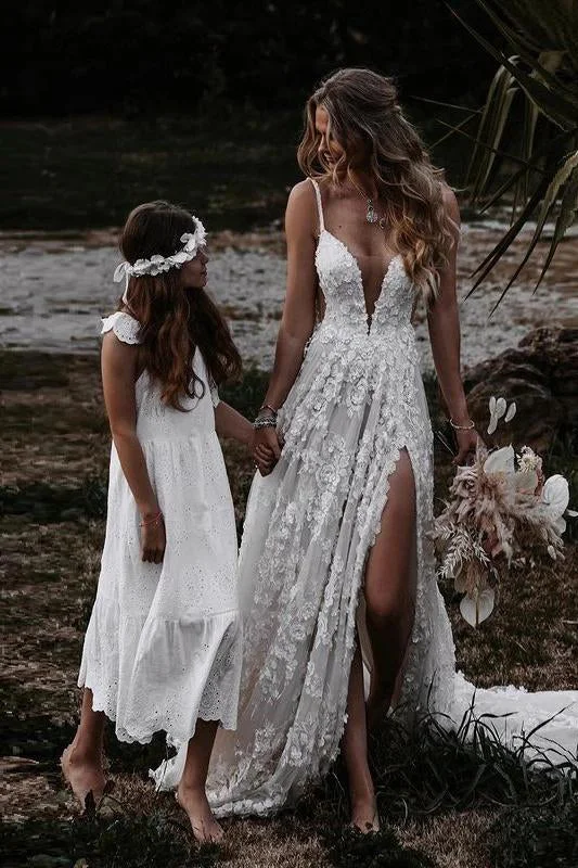 Halter Neck Wedding Dresses for Sleek Silhouette -Deep V Neck A-line Lace Wedding Dress With Slit Spaghetti Straps Long Bridal Gowns OKX85