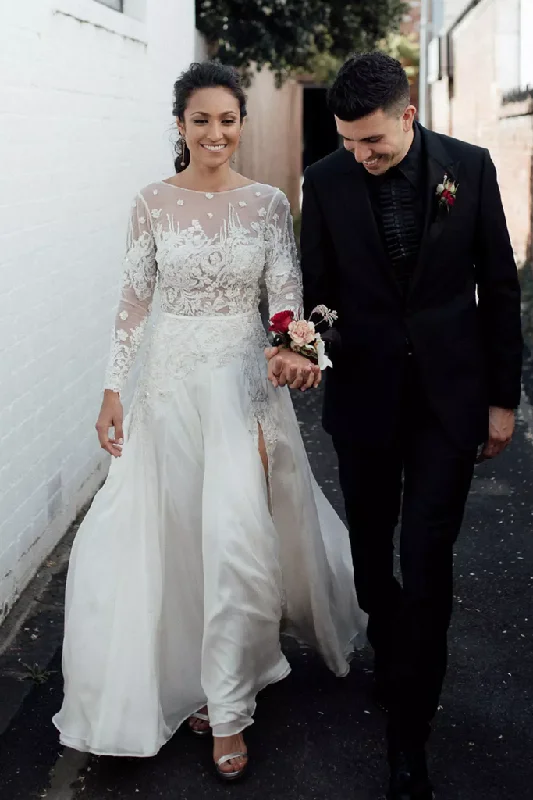 A-Line Wedding Gowns with Lace Bodice for Timeless Romance -Elegant A-line Bateau Long Sleeves Lace Appliques Off White Wedding Dresses, OKC31