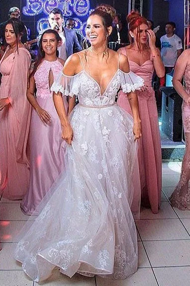 Open-Back Wedding Dresses for Sexy Appeal -Elegant A-Line Cold Shoulder Lace Beach Wedding Dresses with Ruffles Appliques OKF88