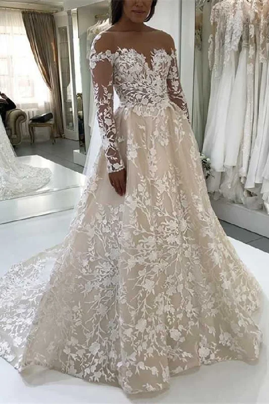 Wedding Dresses with Pearl Detail for Timeless Touch -Elegant A-Line Illusion Beteau Long Sleeves Ivory Lace Wedding Dresses OKB60 Wedding Dresses with Pearl Detail for Timeless Touch -Elegant A-Line Illusion Beteau Long Sleeves Ivory Lace Wedding Dresses OKB60