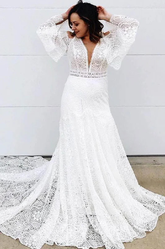 Flowy Wedding Dresses for Bohemian Style -Elegant A-line Lace Long Sleeves V Neck Wedding Dress OKT57 Flowy Wedding Dresses for Bohemian Style -Elegant A-line Lace Long Sleeves V Neck Wedding Dress OKT57