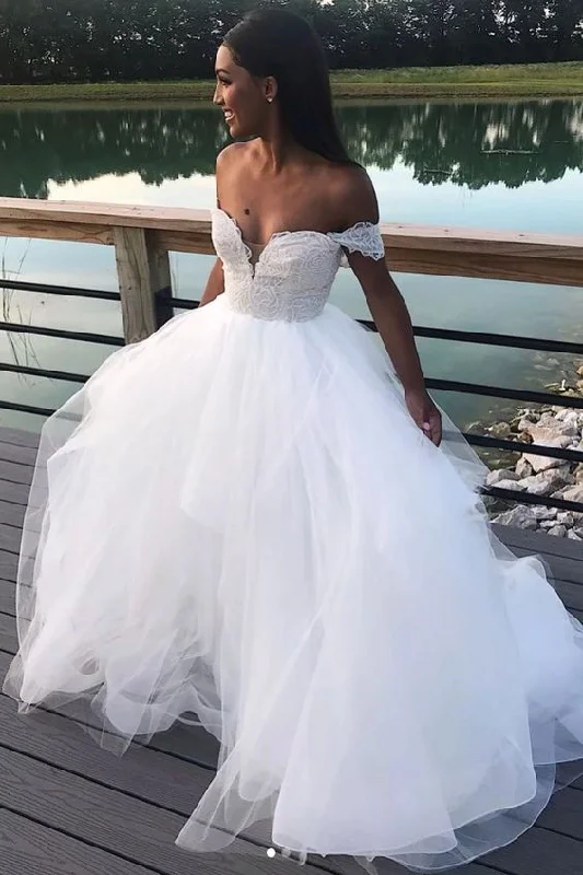 Wedding Dresses with V-Neck for Slimming Effect -Elegant A Line Tulle Off-the-shoulder Long Wedding Dress Lace Top OK1294 Wedding Dresses with V-Neck for Slimming Effect -Elegant A Line Tulle Off-the-shoulder Long Wedding Dress Lace Top OK1294