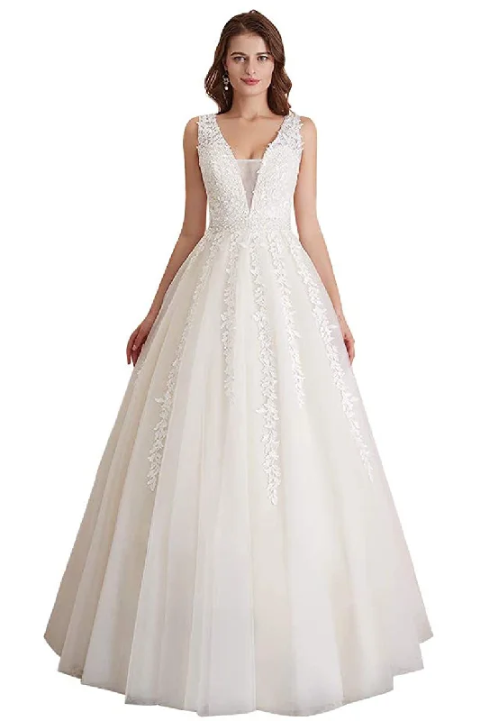 Beaded Wedding Dresses for a Sparkling Effect -Elegant A-line Tulle Sleeveless Wedding Dress Lace Appliques Prom Gown OKU49