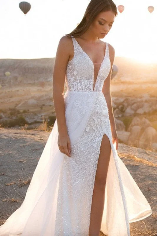 Long Sleeve Wedding Dresses for Fall Weddings -Fitted A Line V Neck Lace Long Wedding Dress V Back Bridal Dress OK1569
