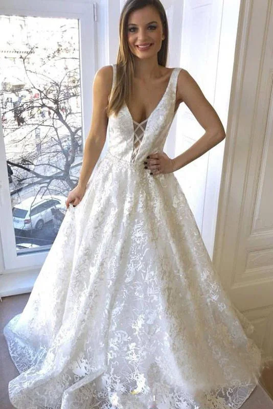 Wedding Dresses with Floral Appliques for Feminine Touch -Elegant A-Line V-Neck Sleeveless Lace Affordable Long Wedding Dress OK1154 Wedding Dresses with Floral Appliques for Feminine Touch -Elegant A-Line V-Neck Sleeveless Lace Affordable Long Wedding Dress OK1154