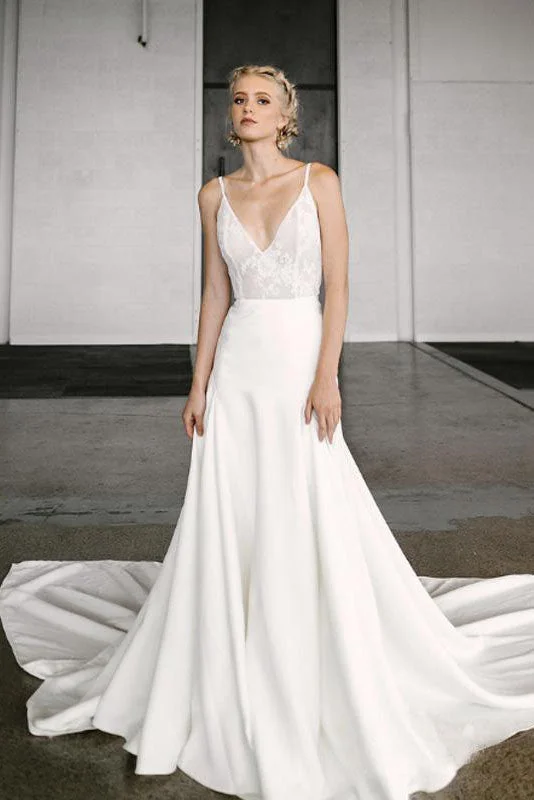 Bridal Dresses with Vintage Lace for Timeless Appeal -Elegant A-Line V Neck Spaghetti Straps Wedding Dress with Lace OKM90 Bridal Dresses with Vintage Lace for Timeless Appeal -Elegant A-Line V Neck Spaghetti Straps Wedding Dress with Lace OKM90