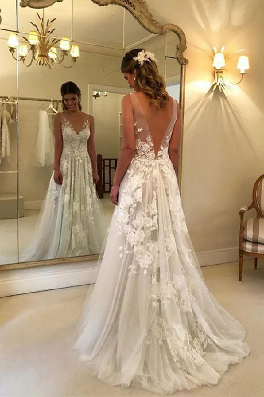 V-Neck Wedding Dresses for Flattering Style -Elegant A line V-neck Tulle Floor Length Wedding Dresses With Lace Appliques OKC94