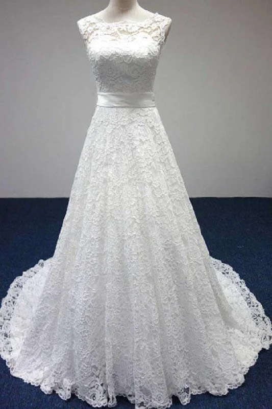 Wedding Dresses with Tiered Skirt for Volume -Elegant Bateau A-Line White Lace Long Sleeveless Wedding Dresses OK689 Wedding Dresses with Tiered Skirt for Volume -Elegant Bateau A-Line White Lace Long Sleeveless Wedding Dresses OK689