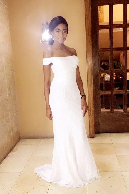 Ruffle Wedding Dresses for Playful Look -Elegant Beach Off Shoulder White Simple Long Wedding Dresses,New Fashion Bridal Dresses OK255