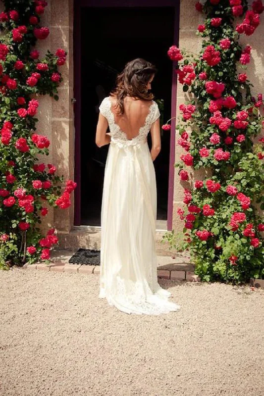 Chic Satin Wedding Dresses for Sophisticated Style -Elegant Cap Sleeve A Line V Back Cheap Long Lace Backless Wedding Dress OK389