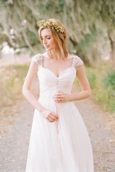 Unique Wedding Dresses for Non-Traditional Brides -Elegant Cap Sleeve Long Chiffon Sweetheart Pleat Beach Wedding Dresses OK530