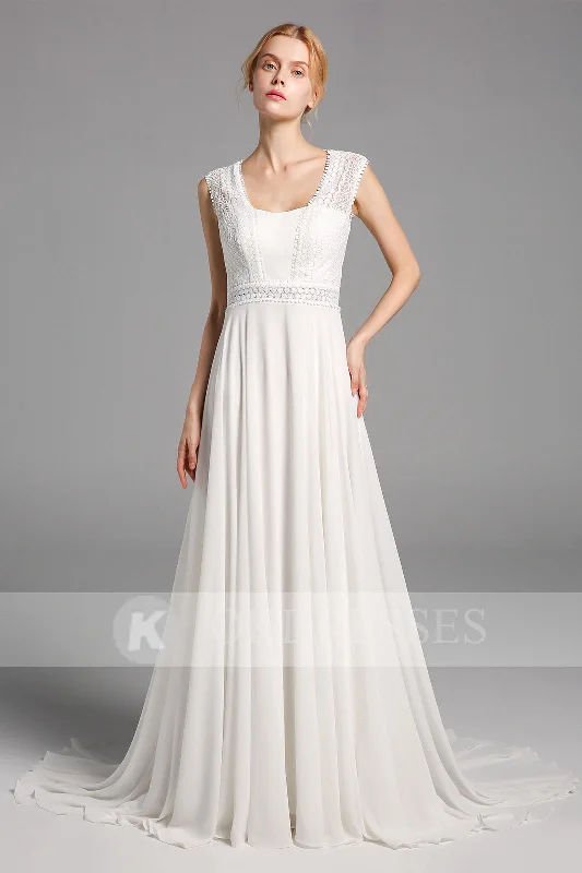 Wedding Dresses with Sleeves for Modest Look -Elegant Chiffon Long Wedding Dresses Open Back Bridal Gowns With Lace Top OKV13