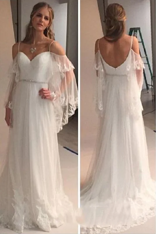Lace Wedding Dresses with High Neck for Modest Elegance -Elegant Cold Shoulders Hippie A Line Tulle Long Sweep Train Wedding Dresses OKA97 Lace Wedding Dresses with High Neck for Modest Elegance -Elegant Cold Shoulders Hippie A Line Tulle Long Sweep Train Wedding Dresses OKA97