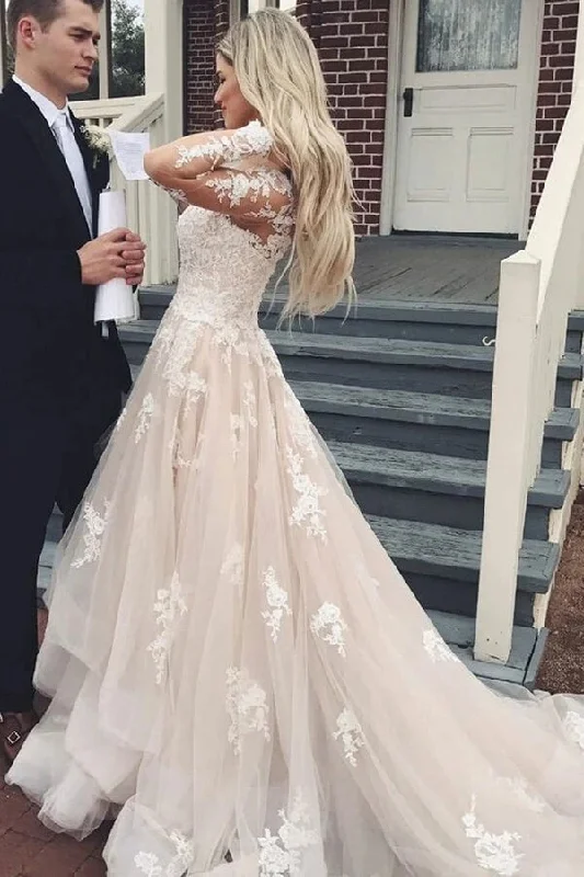 Wedding Dresses with Draped Detail for Feminine Look -Elegant Lace Appliques A-line V-neck Long Sleeves Wedding Dress with Train OKY68