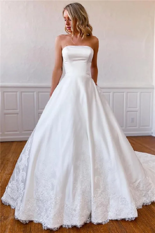 Lace Wedding Gowns with Sweetheart Neckline for Romantic Style -Elegant Lace Appliques Long Strapless Satin Off White Wedding Dress with Pockets OKY65