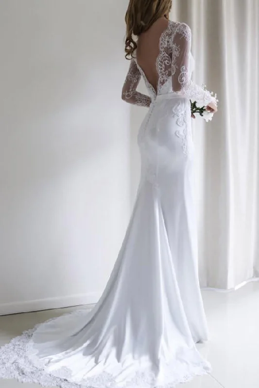 Plunging Neckline Wedding Dresses for Bold Style -Elegant Lace Long Sleeves Sweep Train White Mermaid Wedding Dresses OKA46 Plunging Neckline Wedding Dresses for Bold Style -Elegant Lace Long Sleeves Sweep Train White Mermaid Wedding Dresses OKA46