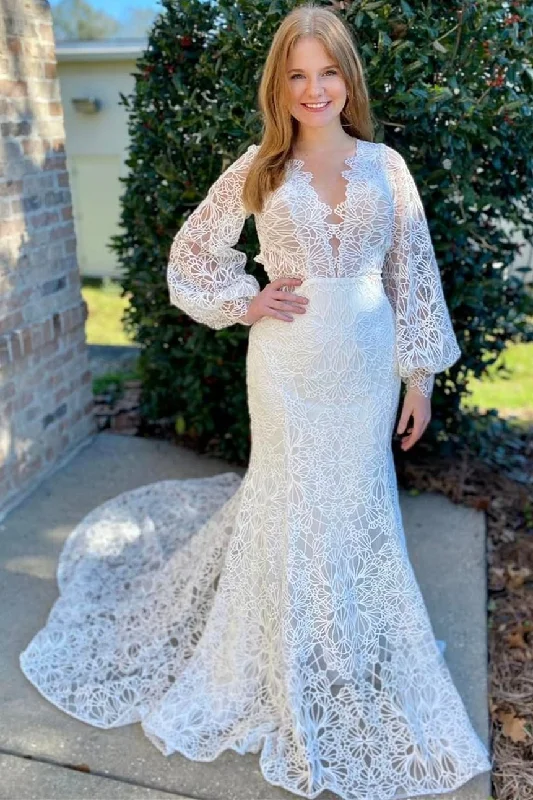 Simple Satin Wedding Dresses for Minimalist Brides -Chic Lace Long Sleeves V Neck Open Back Mermaid Wedding Dress OK1538 Simple Satin Wedding Dresses for Minimalist Brides -Chic Lace Long Sleeves V Neck Open Back Mermaid Wedding Dress OK1538