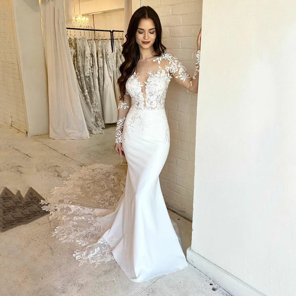 Lace and Satin Wedding Dresses for Romantic Look -Elegant Lace Mermaid Wedding Dresses For Women Long Sleeve Lace Lace and Satin Wedding Dresses for Romantic Look -Elegant Lace Mermaid Wedding Dresses For Women Long Sleeve Lace
