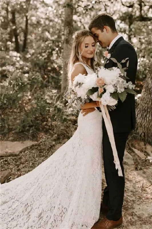 Mermaid Style Wedding Dresses for Hourglass Figure -Elegant Lace Sheath V-neck Backless Wedding Dresses With Train, Bridal Gowns OK1812 Mermaid Style Wedding Dresses for Hourglass Figure -Elegant Lace Sheath V-neck Backless Wedding Dresses With Train, Bridal Gowns OK1812