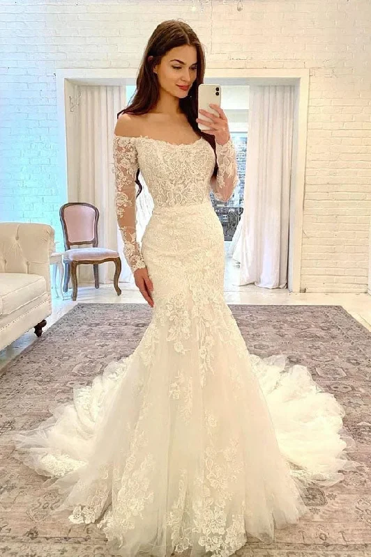 Short Wedding Dresses for Casual Weddings -Elegant Mermaid Off the Shoulder Long Sleeves Wedding Dresses with Lace Appliques OK1923 Short Wedding Dresses for Casual Weddings -Elegant Mermaid Off the Shoulder Long Sleeves Wedding Dresses with Lace Appliques OK1923