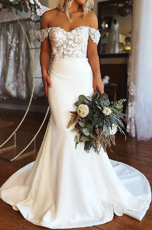 Wedding Dresses with Open Back for Bold Style -Elegant Off Shoulder Mermaid Off White Lace Top Long Wedding Dresses OK1730 Wedding Dresses with Open Back for Bold Style -Elegant Off Shoulder Mermaid Off White Lace Top Long Wedding Dresses OK1730