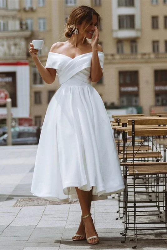 Bridal Dresses with Empire Waist for Flattering Fit -Elegant Off Shoulder Sleeveless Tea-Length A Line Satin Wedding Dress OK1420 Bridal Dresses with Empire Waist for Flattering Fit -Elegant Off Shoulder Sleeveless Tea-Length A Line Satin Wedding Dress OK1420