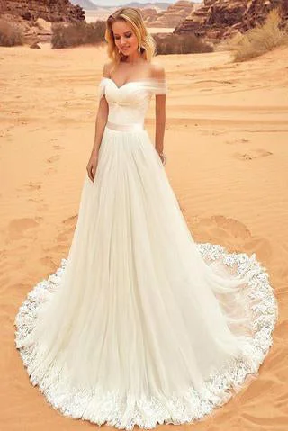 Crystal-Studded Wedding Dresses for Sparkling Effect -Elegant Off-the-Shoulder Sweep Train A-Line Tulle Ivory Appliques Wedding Dresses OK771