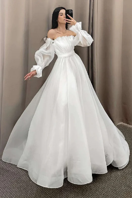 Custom Wedding Dresses for Personalized Fit -Elegant Off White Strapless Pleated A-Line Wedding Dress with Detachable Sleeves OK1907 Custom Wedding Dresses for Personalized Fit -Elegant Off White Strapless Pleated A-Line Wedding Dress with Detachable Sleeves OK1907