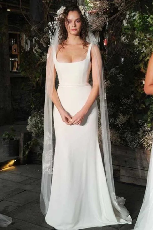 Unique Wedding Dresses for Non-Traditional Brides -Elegant Satin Mermaid Square Neck Backless Wedding Dresses With Sweep Train OK1766 Unique Wedding Dresses for Non-Traditional Brides -Elegant Satin Mermaid Square Neck Backless Wedding Dresses With Sweep Train OK1766