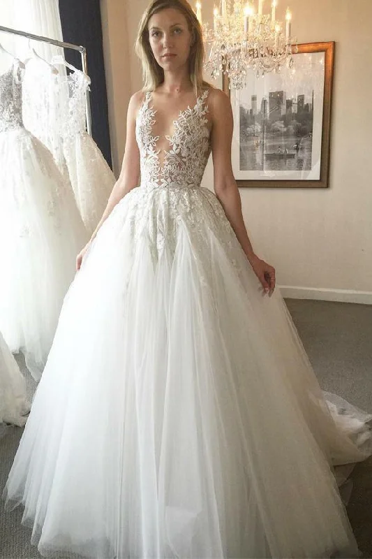 Simple Satin Wedding Dresses for Elegant Style -Elegant Sheer Round Neck Ivory Open Back Wedding Dress with Appliques Bridal Dress OK1014