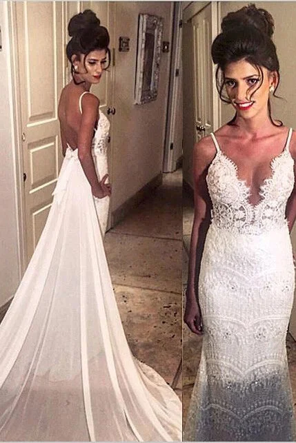 Bridal Gowns with Cap Sleeves for Elegant Look -Elegant Spaghetti Straps Mermaid Long Lace Backless Wedding Dress with Court Train OKB02 Bridal Gowns with Cap Sleeves for Elegant Look -Elegant Spaghetti Straps Mermaid Long Lace Backless Wedding Dress with Court Train OKB02