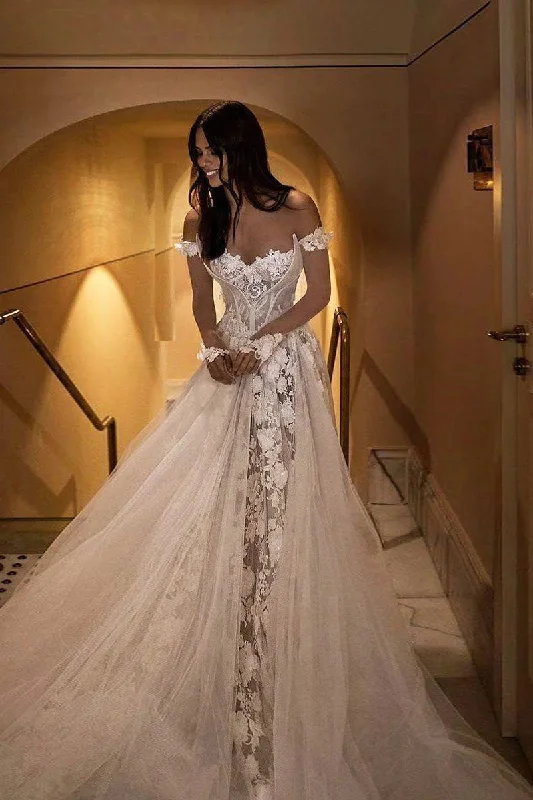 Wedding Dresses with Off-the-Shoulder Sleeves for Romantic Touch -Elegant Sweetheart Off-Shoulder Appliques A Line Tulle Wedding Dress OK1981 Wedding Dresses with Off-the-Shoulder Sleeves for Romantic Touch -Elegant Sweetheart Off-Shoulder Appliques A Line Tulle Wedding Dress OK1981